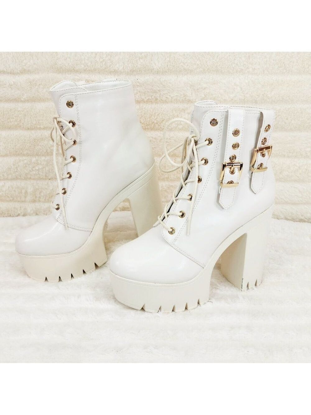 Linda Cream Off White Light Weight Chunky Platform Heel Ankle Boots - Picture 3 of 9